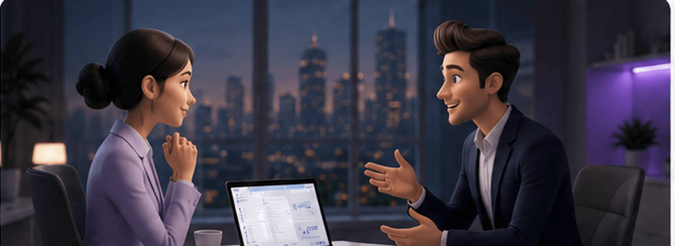 Two colleagues discussing a hiring decision across a desk in an evening office