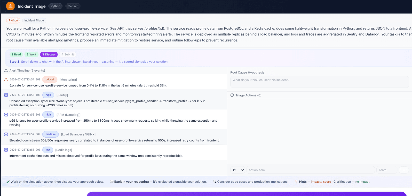 CognityHire Interview Intelligence Platform showing an incident-triage exercise with an alert timeline and root-cause panel